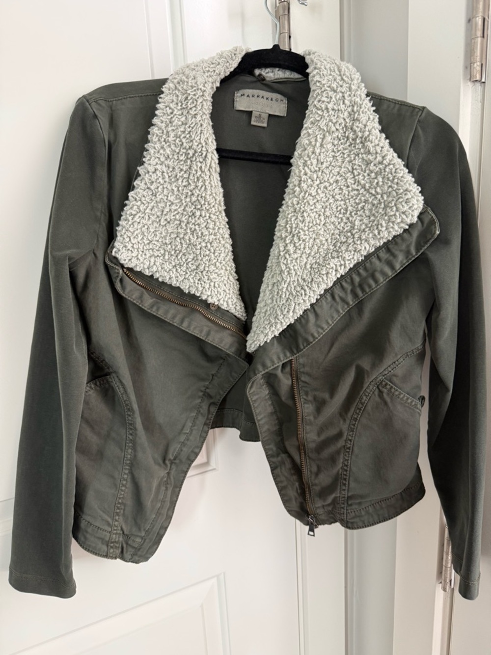 Anthropologie Olive Green Utility Jacket with Cream Sherpa Collar